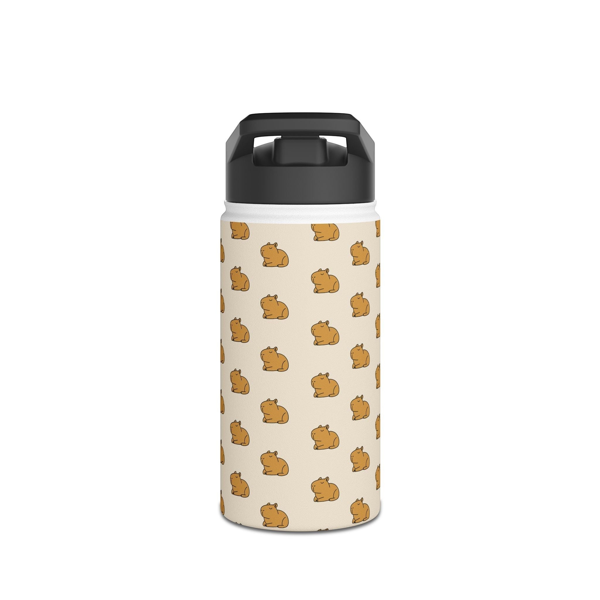Capy Life personalized kids water bottle with a cute capybara pattern on a matte cream background and black lid.