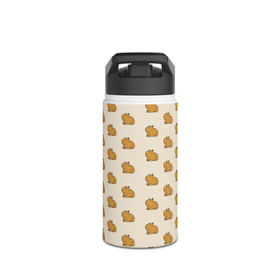 Capy Life personalized kids water bottle with a cute capybara pattern on a matte cream background and black lid.