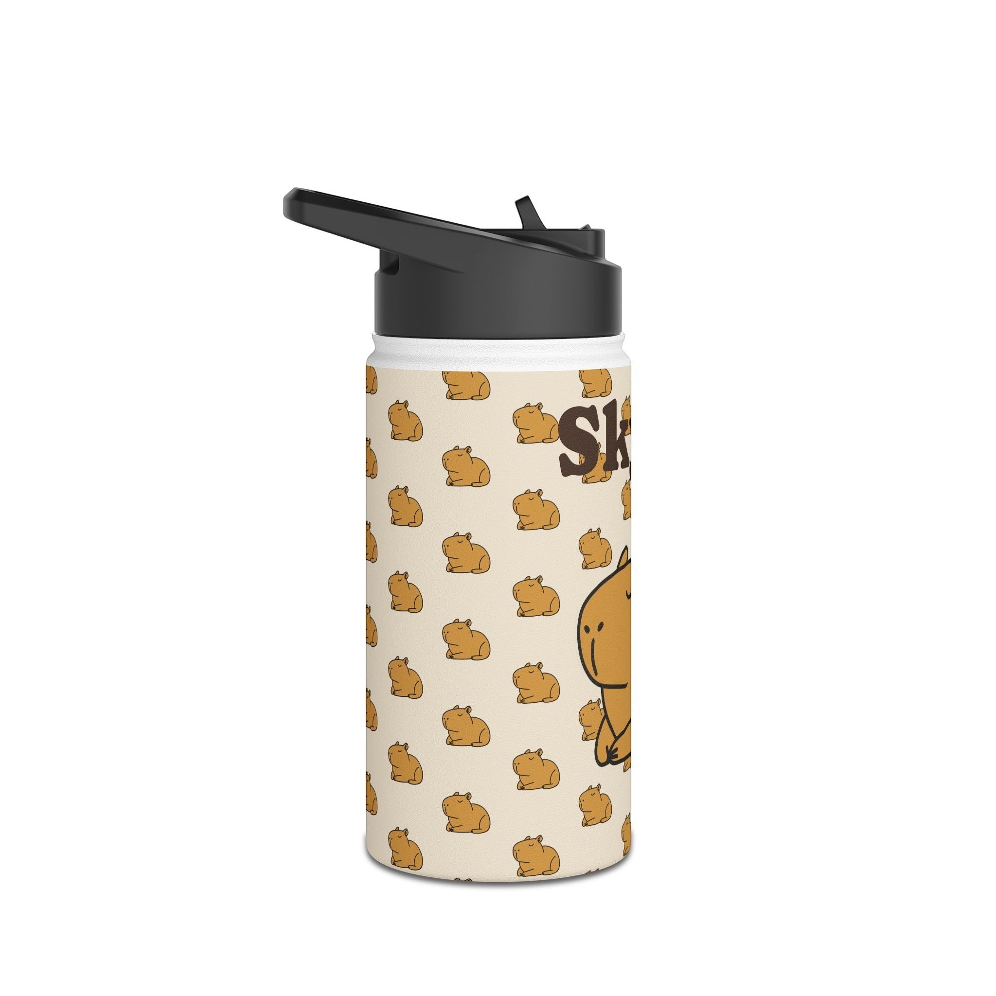 Capy Life personalized kids water bottle with a cute capybara pattern, matte finish, and black straw lid.