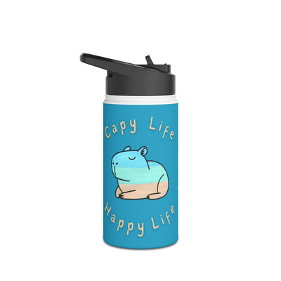 Capy Life personalized 12oz stainless steel water bottle featuring a cute coastal capybara design on blue background