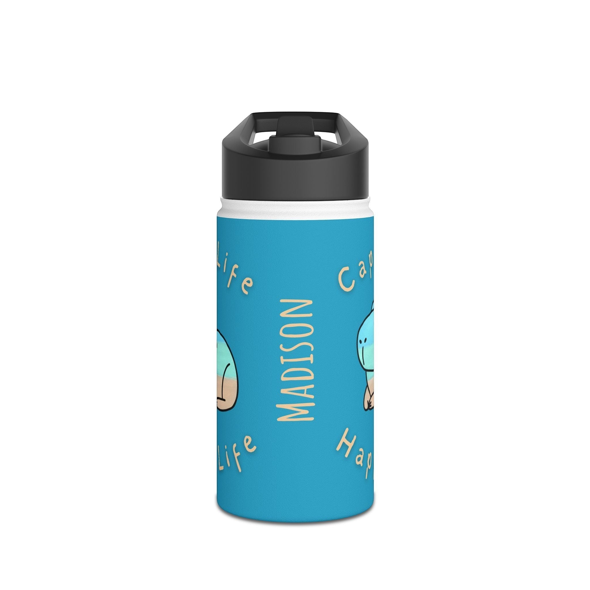 Capy Life personalized 12oz stainless steel water bottle with a blue coastal capybara design and the name Madison