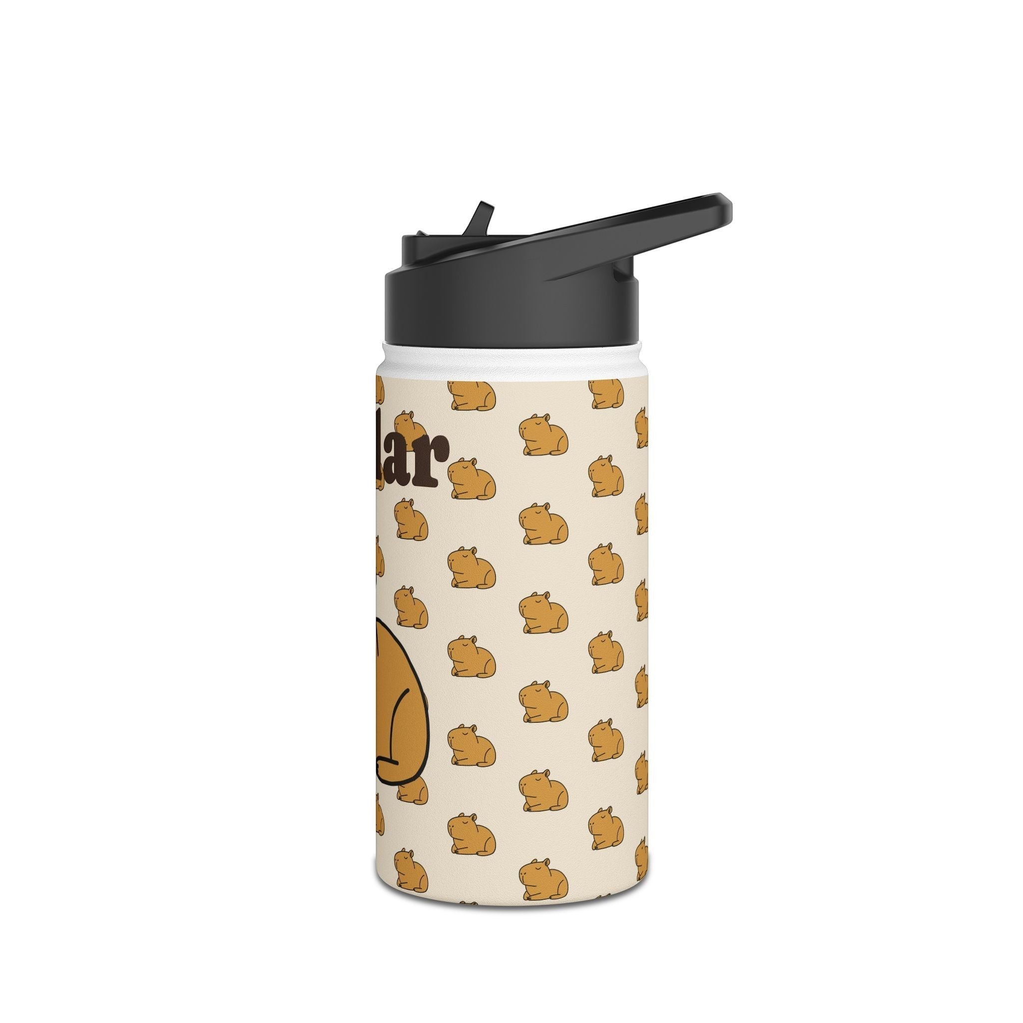 Capy Life personalized kids water bottle with a cream background, brown capybara pattern, and black straw lid.