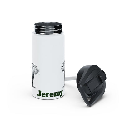 Capy Life white kids water bottle with a hand-drawn capybara illustration and personalized name Jeremy