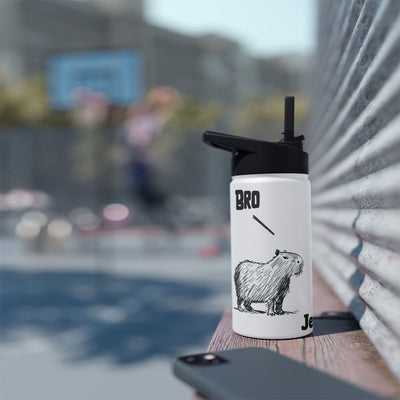 Capy Life personalized white kids water bottle with a hand-drawn capybara illustration and Bro text on a sports court