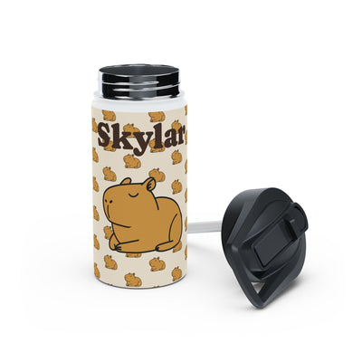 Capy Life personalized kids water bottle with a cute capybara pattern and the name Skylar in a vintage color palette