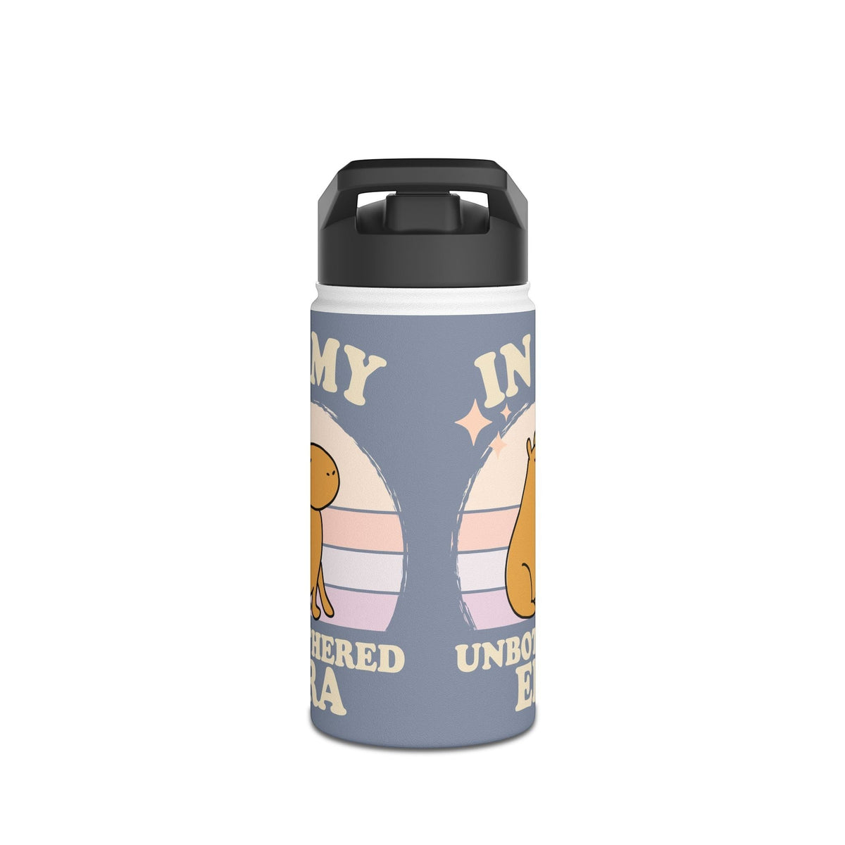Capy Life personalized kids water bottle in muted blue with a calm capybara and retro sunset design, featuring a straw lid.