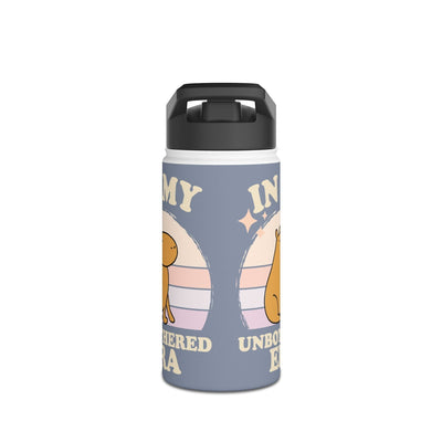 Capy Life personalized kids water bottle in muted blue with a calm capybara and retro sunset design, featuring a straw lid.