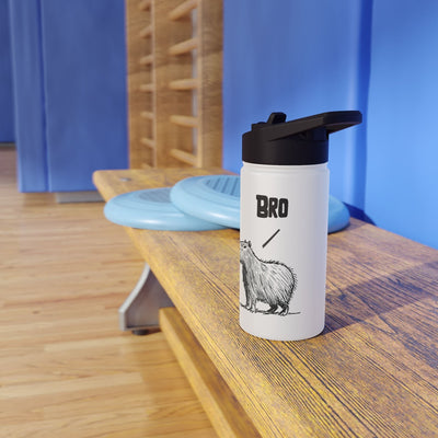 Capy Life white kids water bottle with a hand-drawn capybara illustration and the word Bro on a wooden gym bench.