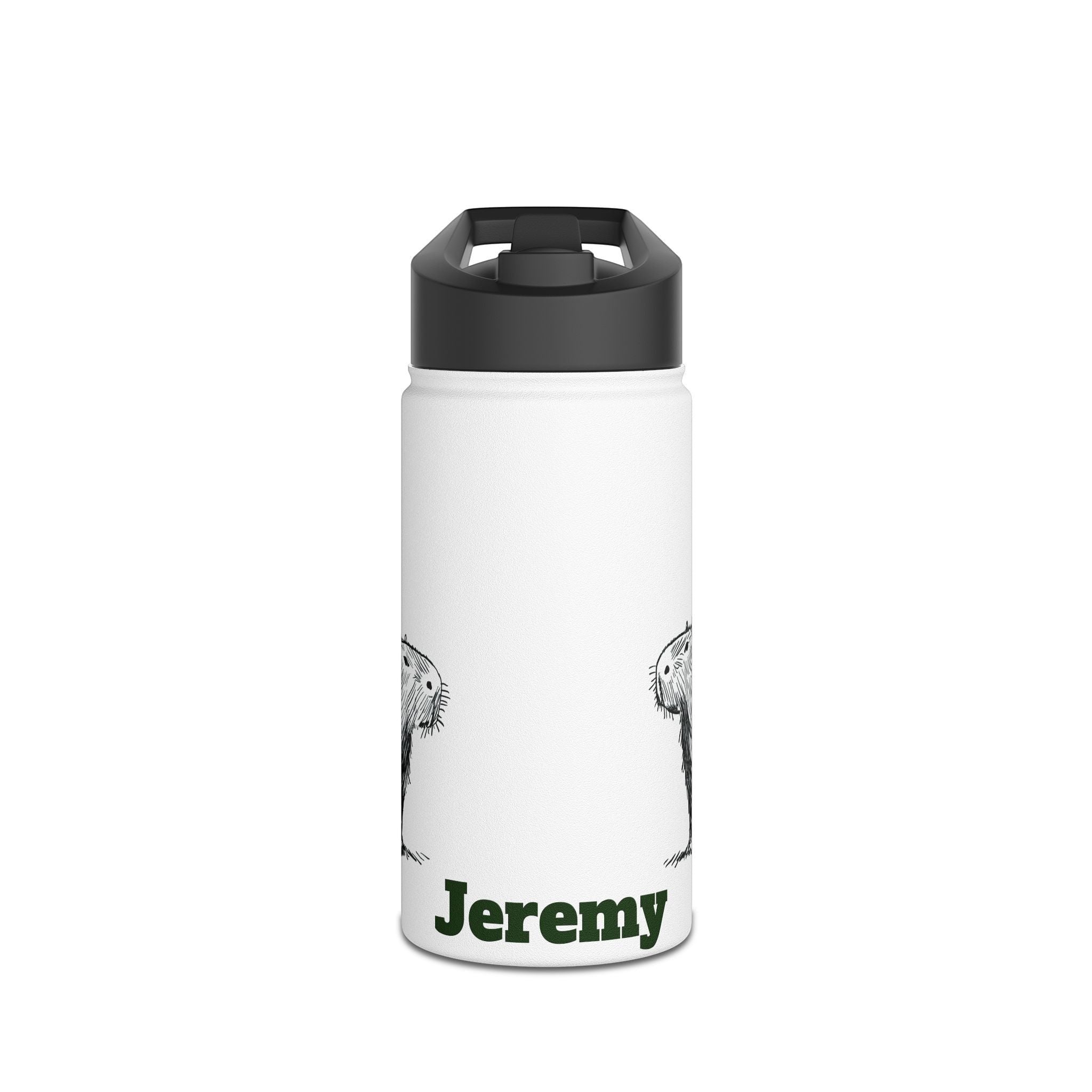 Capy Life personalized white kids water bottle with a hand-drawn capybara illustration and the name Jeremy