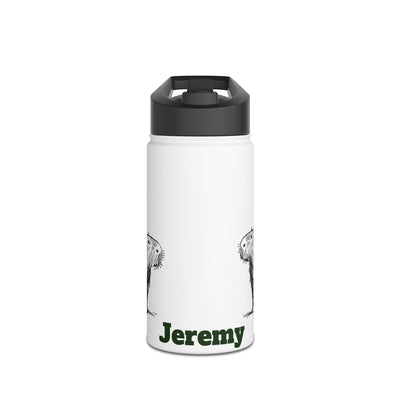 Capy Life personalized white kids water bottle with a hand-drawn capybara illustration and the name Jeremy