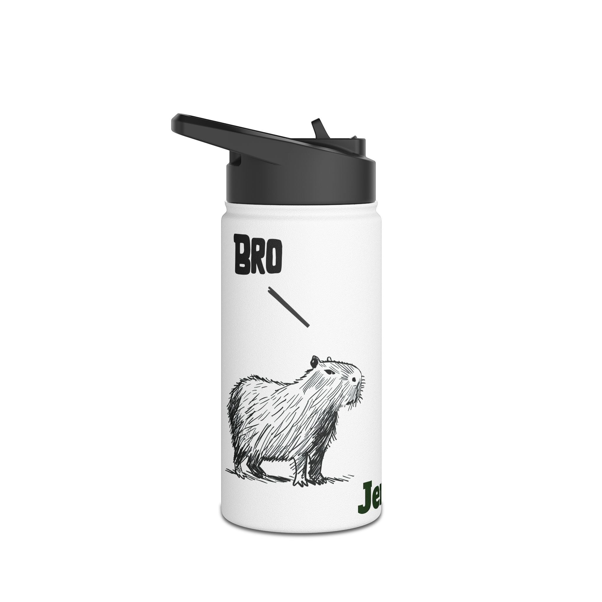 Capy Life personalized white kids water bottle with a hand-drawn capybara illustration and Bro text