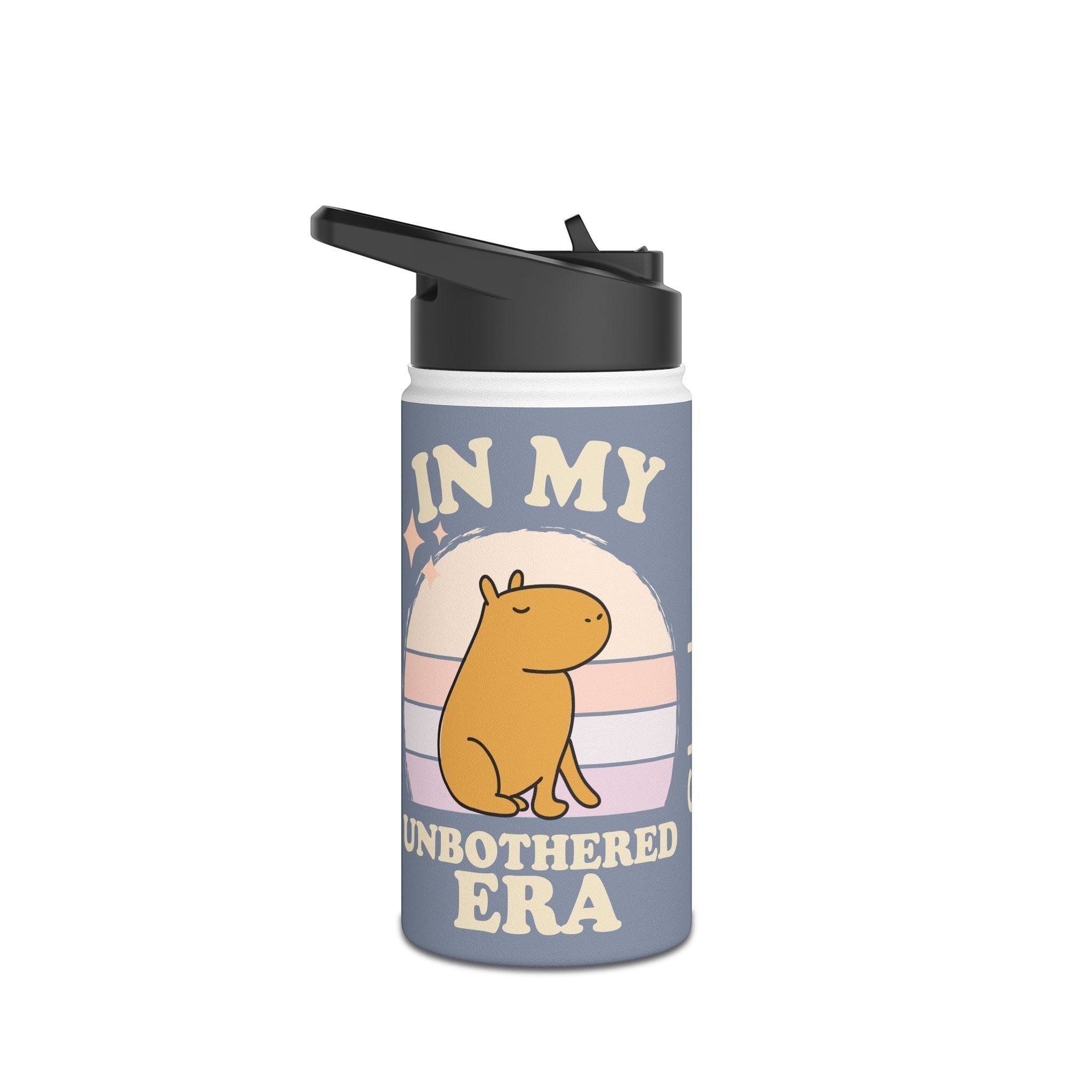 Capy Life personalized kids water bottle with a calm capybara illustration and retro sunset on a muted blue background.