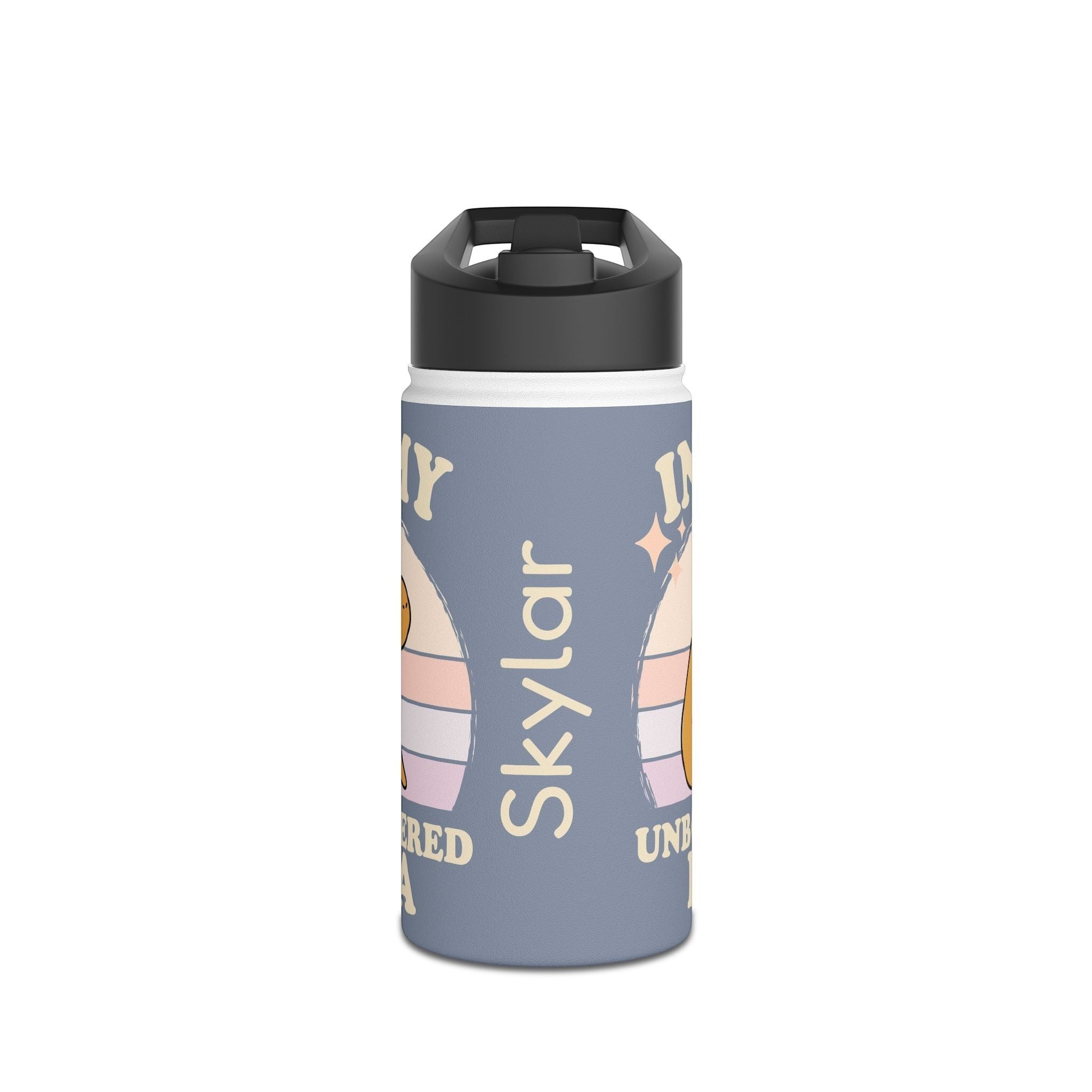 Capy Life personalized blue stainless steel kids water bottle with a capybara and retro sunset design.