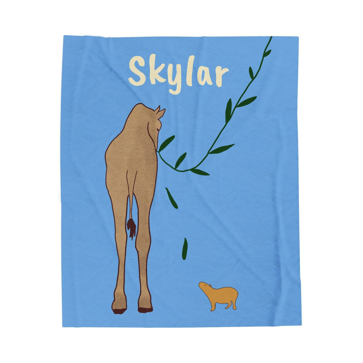 Capy Life personalized blue baby blanket featuring a giraffe, a small capybara, and the name Skylar in soft print.