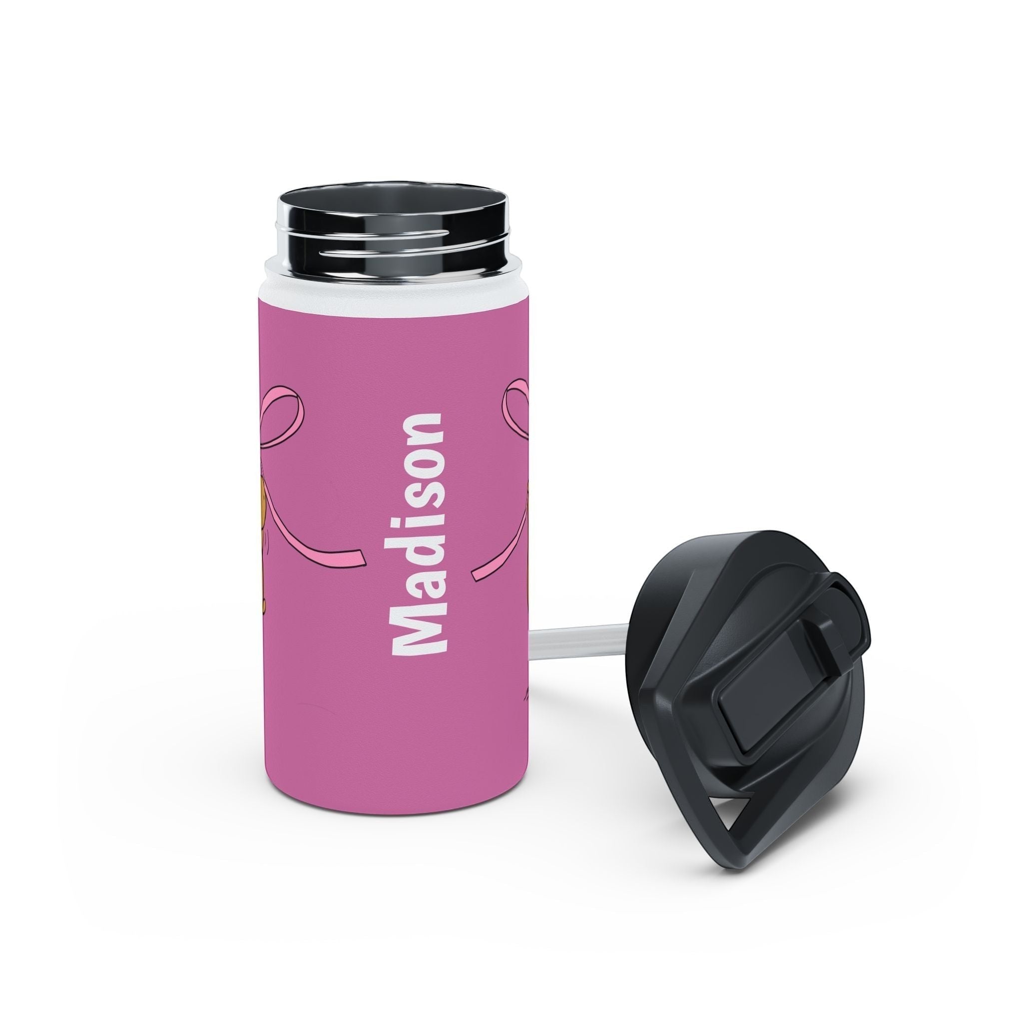 Capy Life personalized pink kids water bottle with capybara and coquette ribbon design, featuring name Madison.