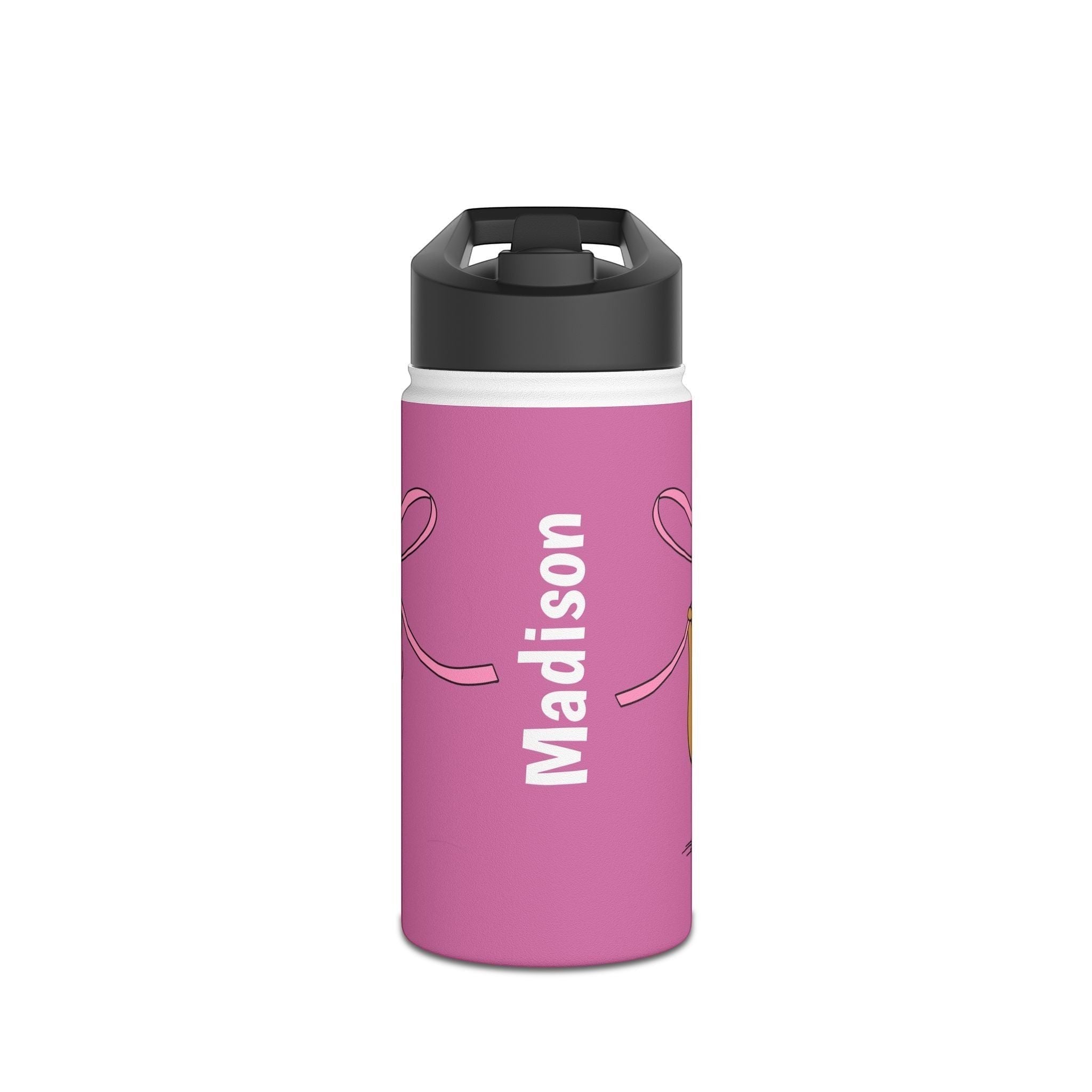 Capy Life personalized pink kids water bottle with a capybara and coquette ribbon design and the name Madison