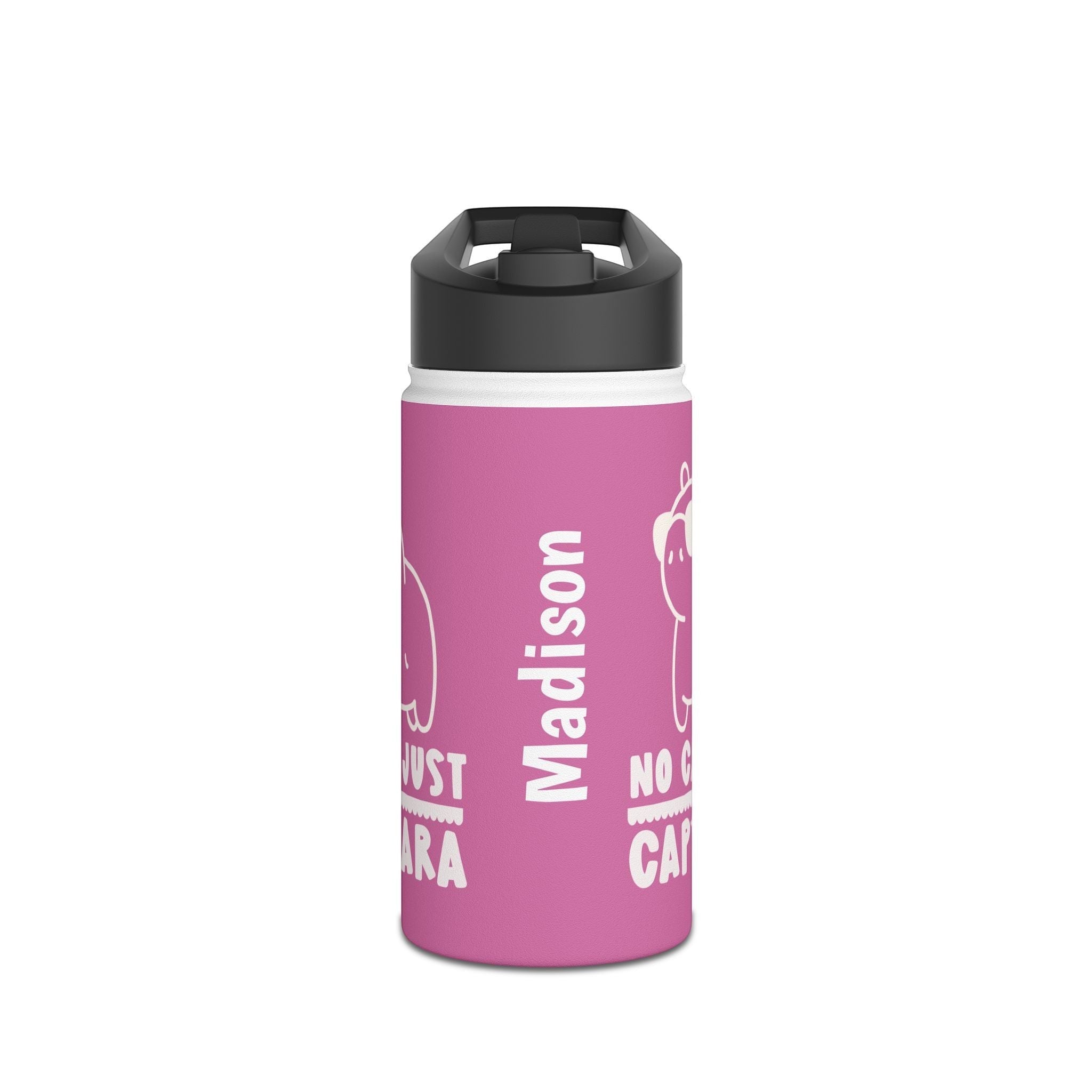 Capy Life personalized pink stainless steel kids water bottle with kawaii capybara graphic and name Madison