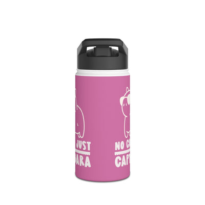 Capy Life personalized pink stainless steel kids water bottle featuring a kawaii capybara and retro text design.