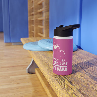 Capy Life personalized pink stainless steel kids water bottle with a kawaii capybara graphic on a wooden gym bench.
