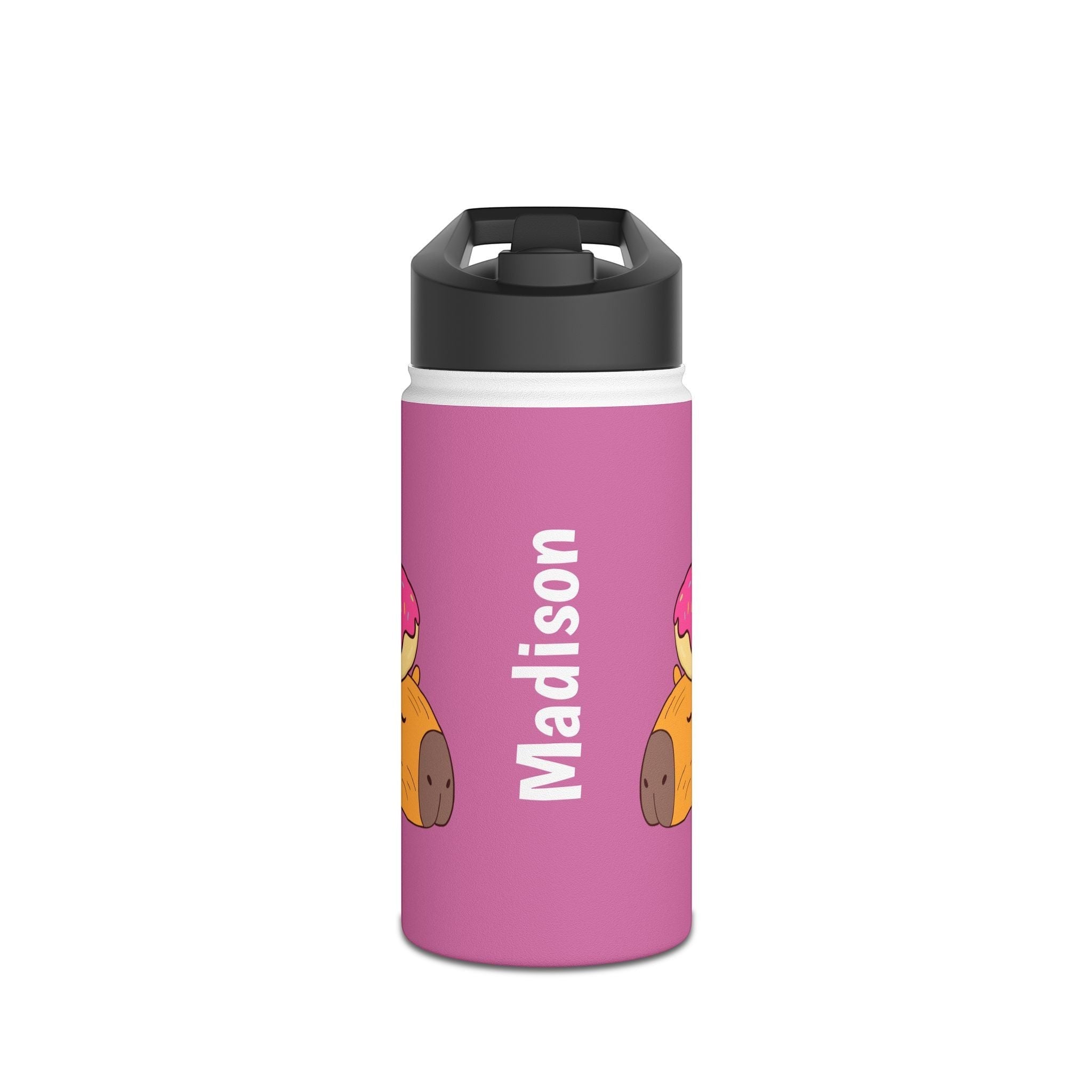 Capy Life personalized pink 12oz stainless steel water bottle featuring a cute capybara and donut design for kids.