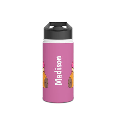Capy Life personalized pink 12oz stainless steel water bottle featuring a cute capybara and donut design for kids.