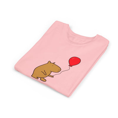 Capy Life light pink youth t-shirt featuring a cute capybara holding a red balloon with Up to Something text