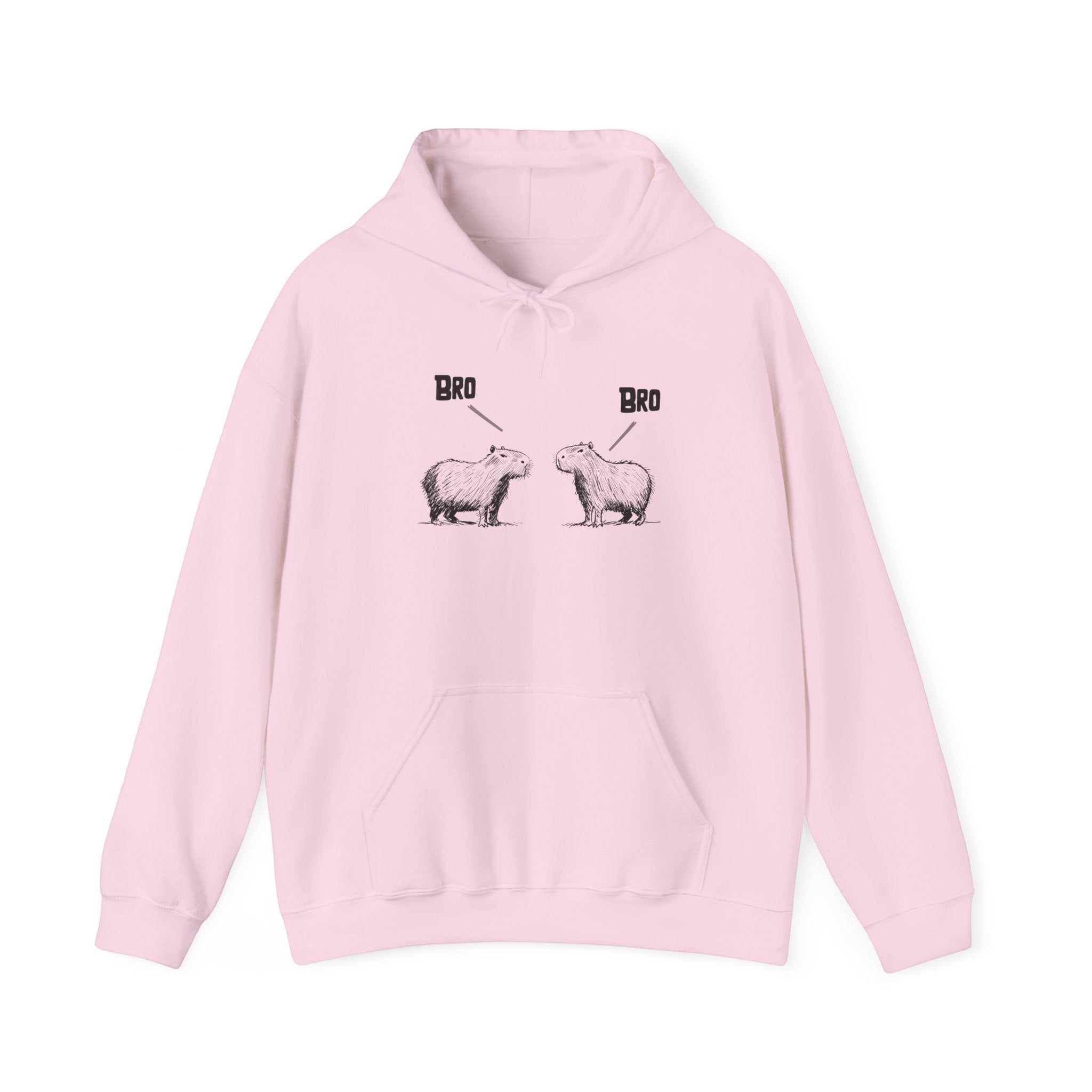 Capy Life light pink pullover hoodie featuring a sketch of two capybaras facing each other with the word Bro above.