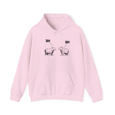 Capy Life light pink pullover hoodie featuring a sketch of two capybaras facing each other with the word Bro above.