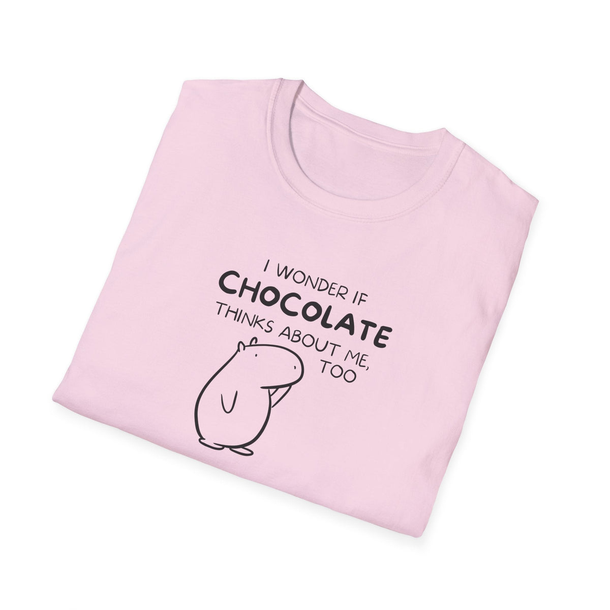 Capy Life light pink softstyle t-shirt featuring a black line art capybara and the text I wonder if chocolate thinks about me too.