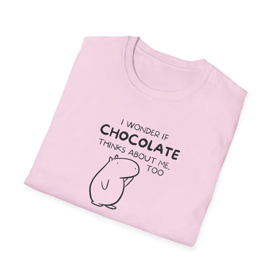 Capy Life light pink softstyle t-shirt featuring a black line art capybara and the text I wonder if chocolate thinks about me too.