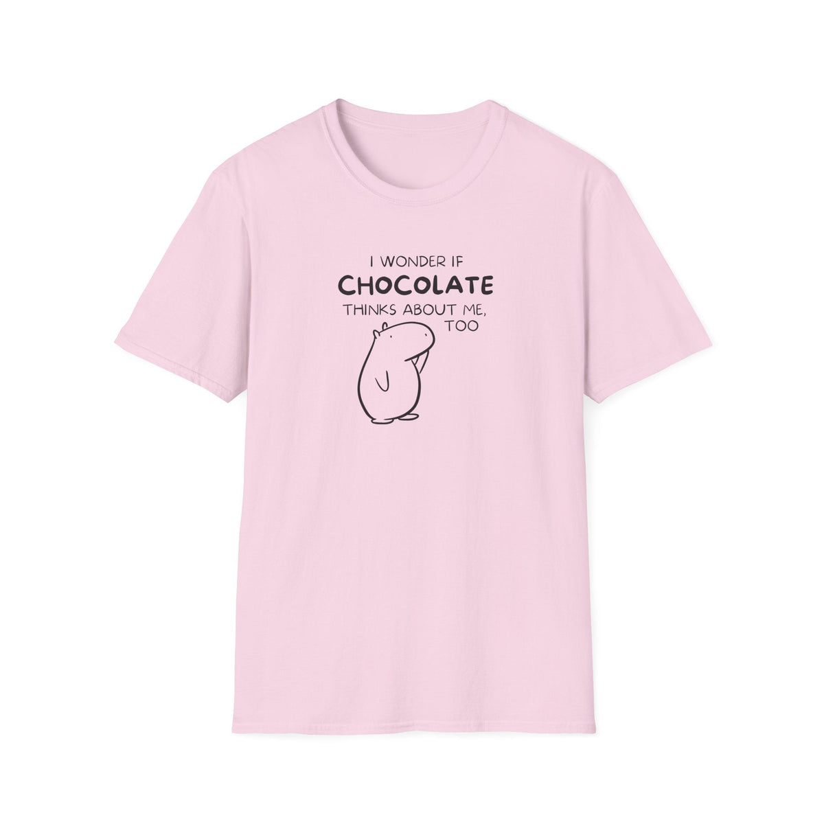 Capy Life light pink softstyle t-shirt featuring a black line art capybara and the text I wonder if chocolate thinks about me too.