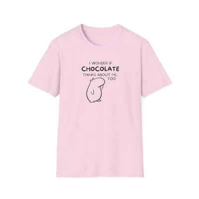 Capy Life light pink softstyle t-shirt featuring a black line art capybara and the text I wonder if chocolate thinks about me too.
