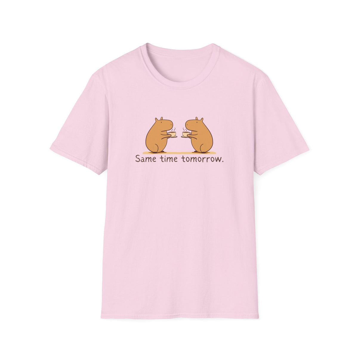 Capy Life light pink softstyle t-shirt featuring a hand-drawn graphic of two capybaras drinking coffee together.