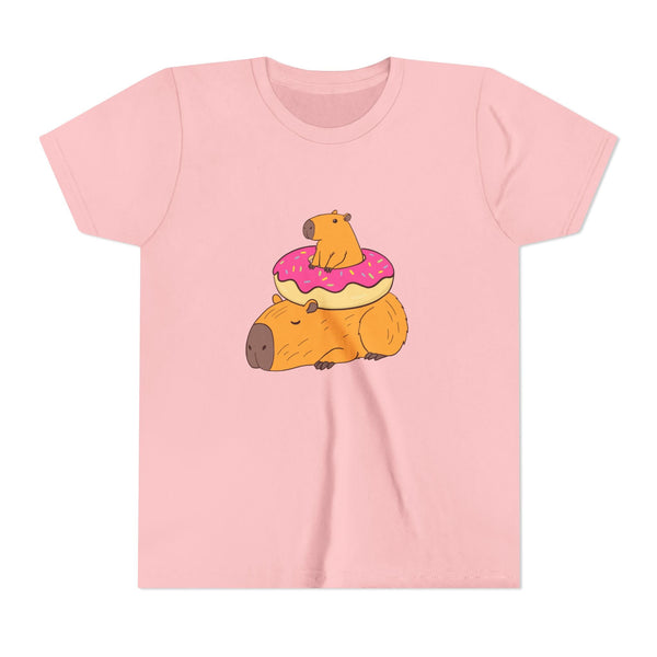 Capy Life youth t-shirt in light pink featuring a cute graphic of two capybaras and a pink frosted donut.