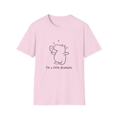 Capy Life light pink cotton t-shirt featuring a minimalist line drawing of a capybara looking into a hand mirror.