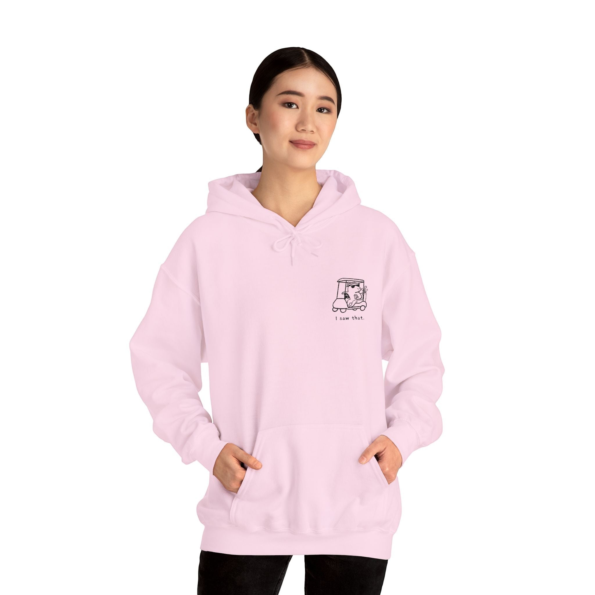 Capy Life light pink hoodie featuring a small embroidered minimalist capybara driving a golf cart on the chest.