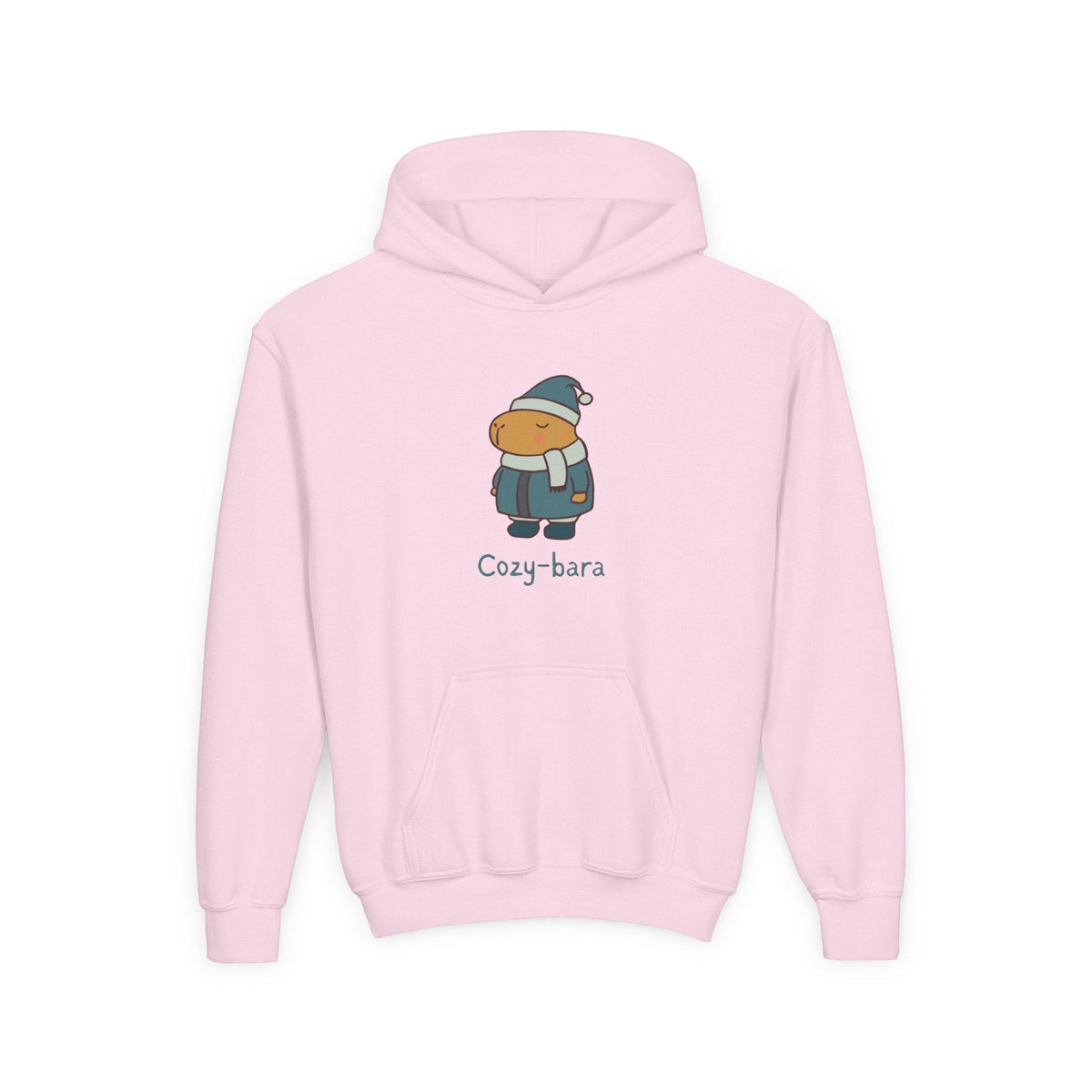 Capy Life light pink kids hoodie featuring a cute Cozy-bara graphic of a capybara in a winter puffer coat and scarf.
