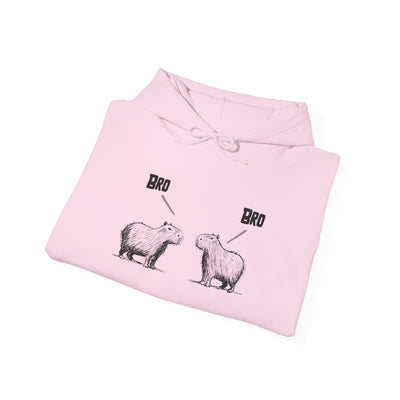 Capy Life light pink pullover hoodie featuring a funny sketch of two capybaras saying Bro to each other.