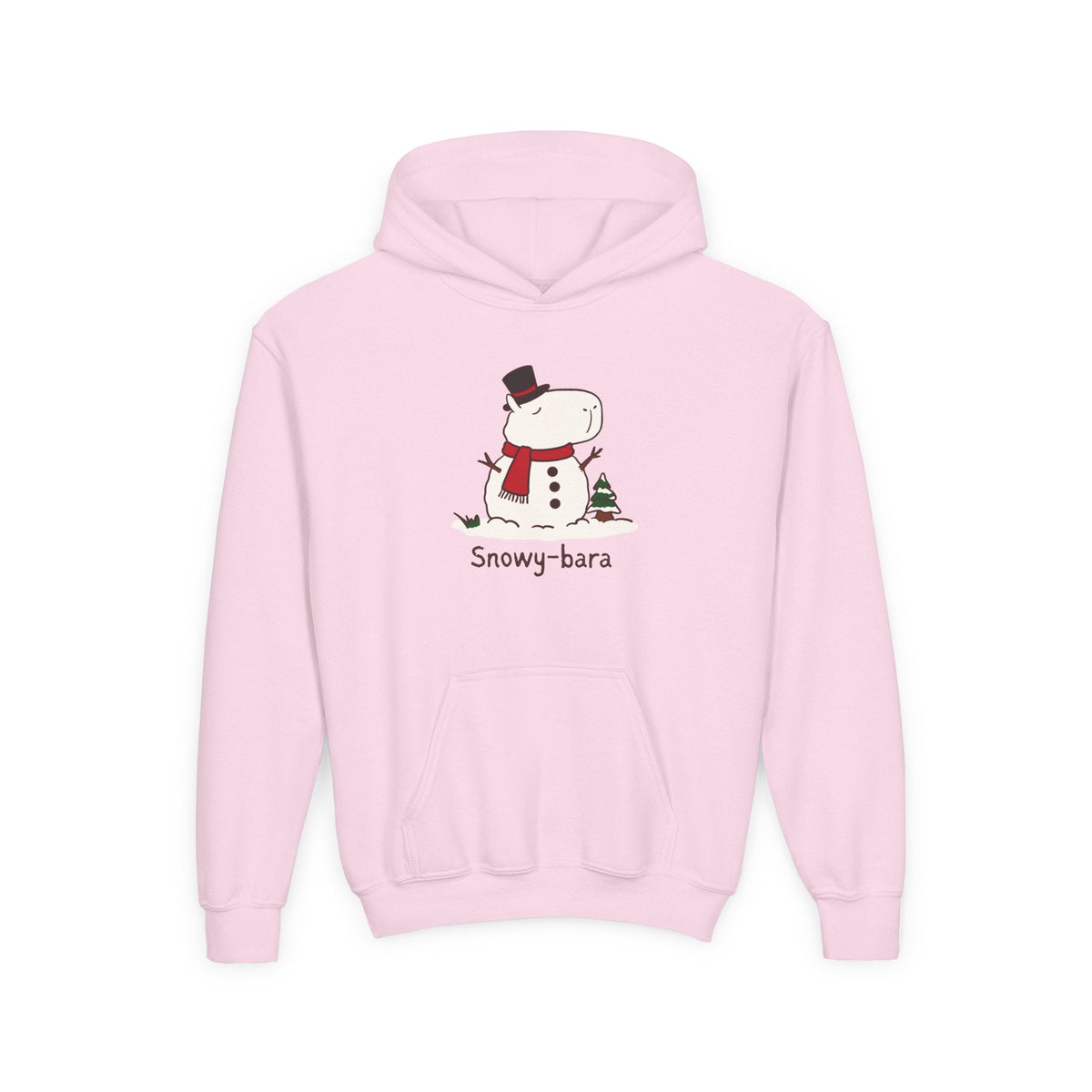 Capy Life light pink youth hoodie featuring a cute Snowy-bara capybara snowman illustration with a red scarf.