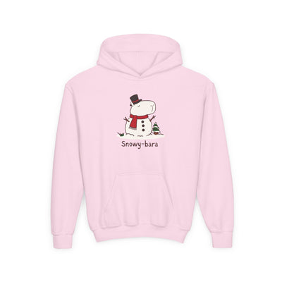 Capy Life light pink youth hoodie featuring a cute Snowy-bara capybara snowman illustration with a red scarf.