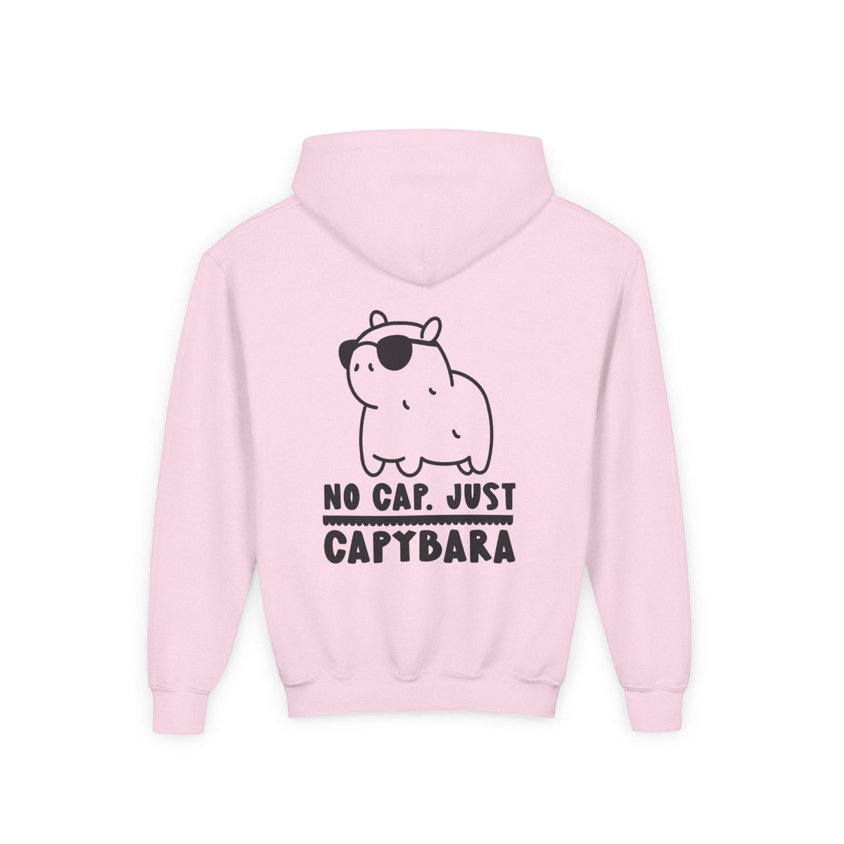 Capy Life light pink kids hoodie featuring a back graphic of a chill capybara wearing sunglasses with text