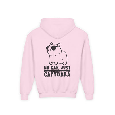 Capy Life light pink kids hoodie featuring a back graphic of a chill capybara wearing sunglasses with text