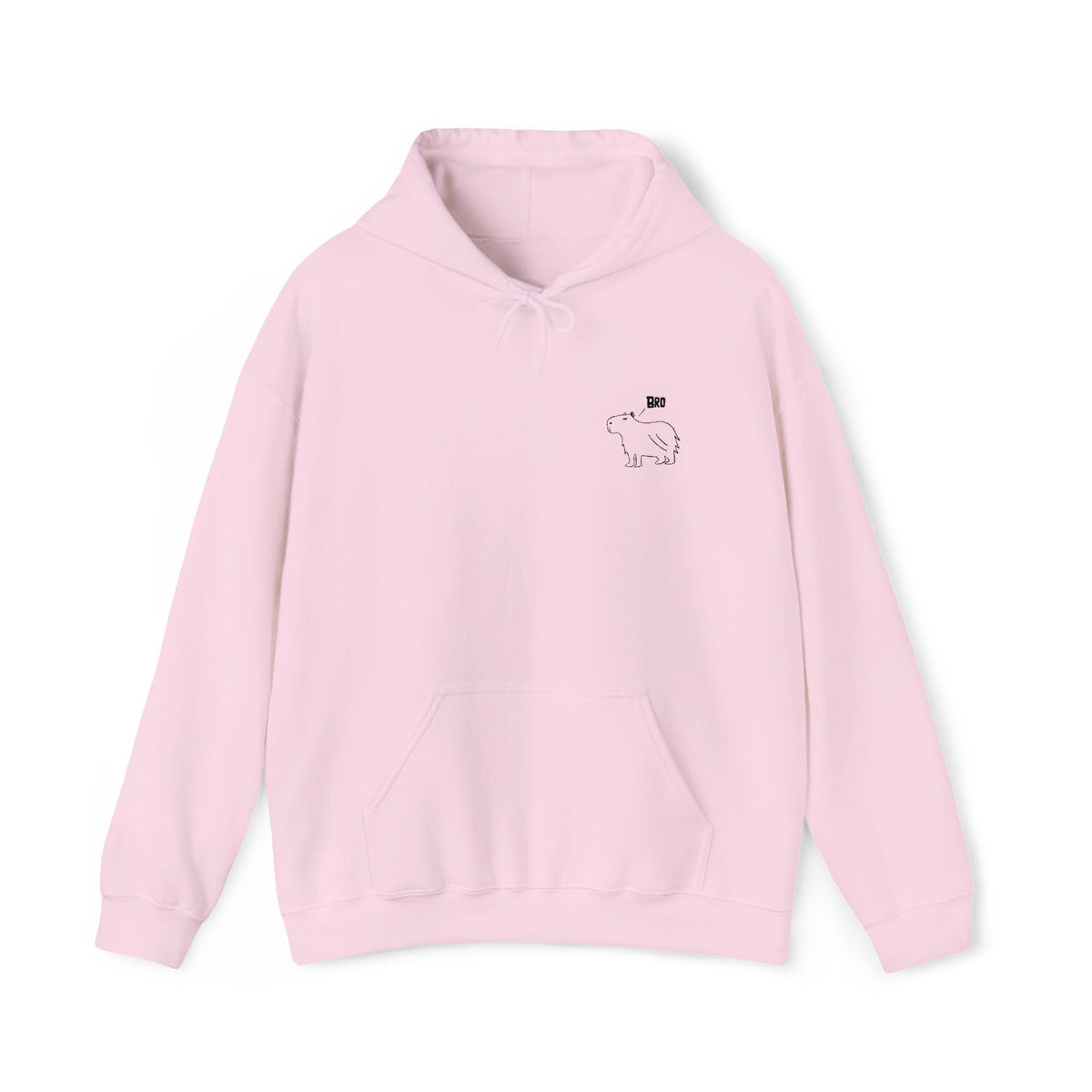 Capy Life light pink hoodie featuring a minimalist embroidered capybara with the word Bro on the chest.