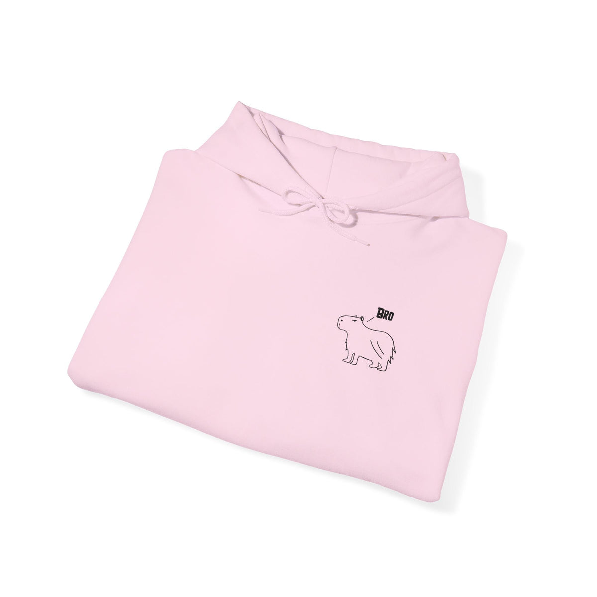 Capy Life light pink hoodie with a minimalist black embroidered capybara design and the word Bro on the chest.