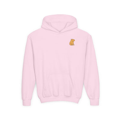 Capy Life light pink hoodie featuring a small, minimalist capybara graphic on the left chest, fleece-lined cotton.