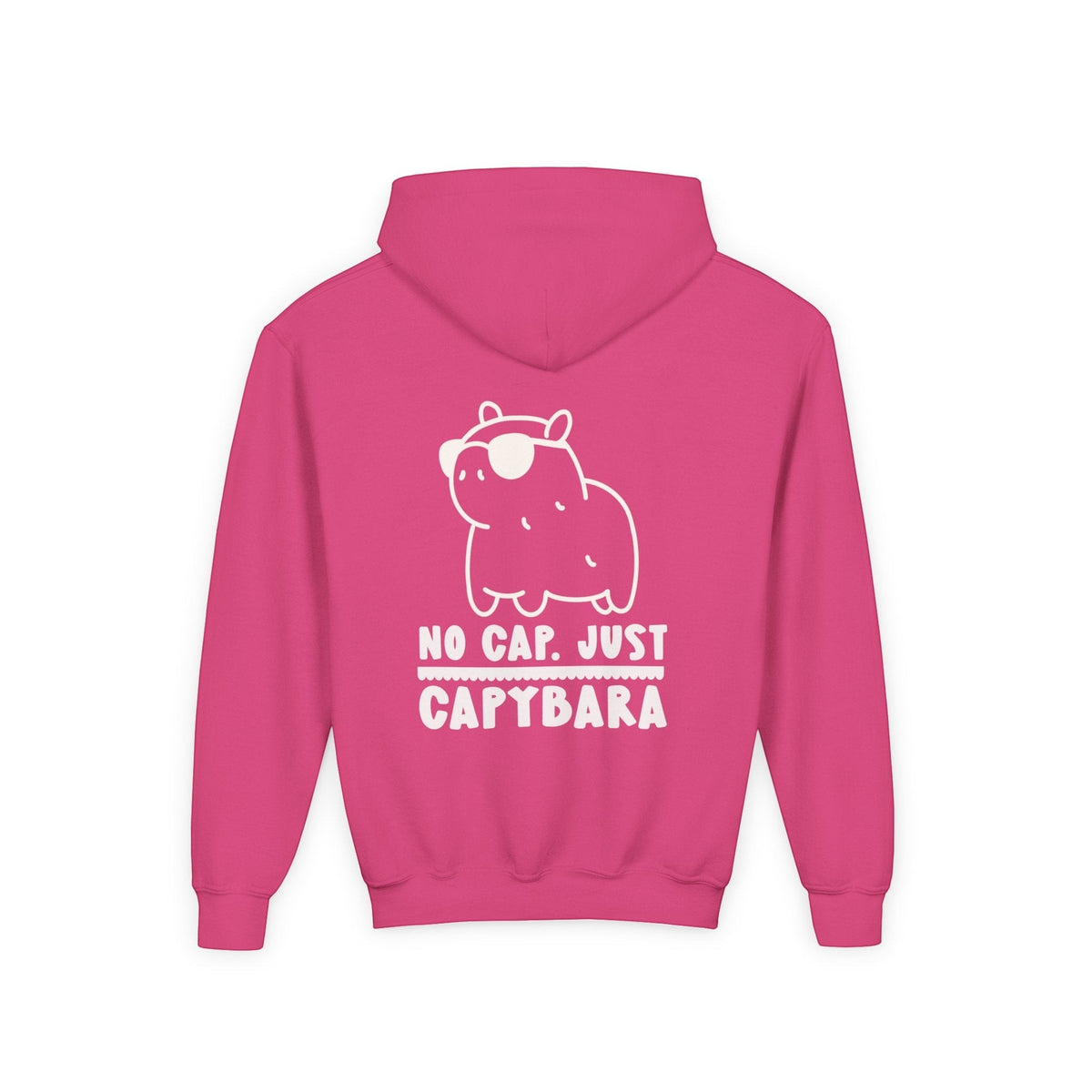 Capy Life pink hoodie featuring a back graphic of a cute capybara wearing sunglasses with the text No Cap Just Capybara