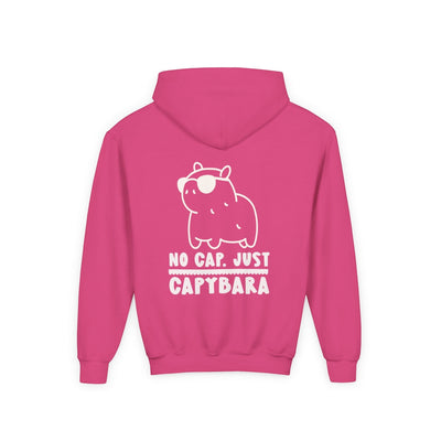 Capy Life pink hoodie featuring a back graphic of a cute capybara wearing sunglasses with the text No Cap Just Capybara