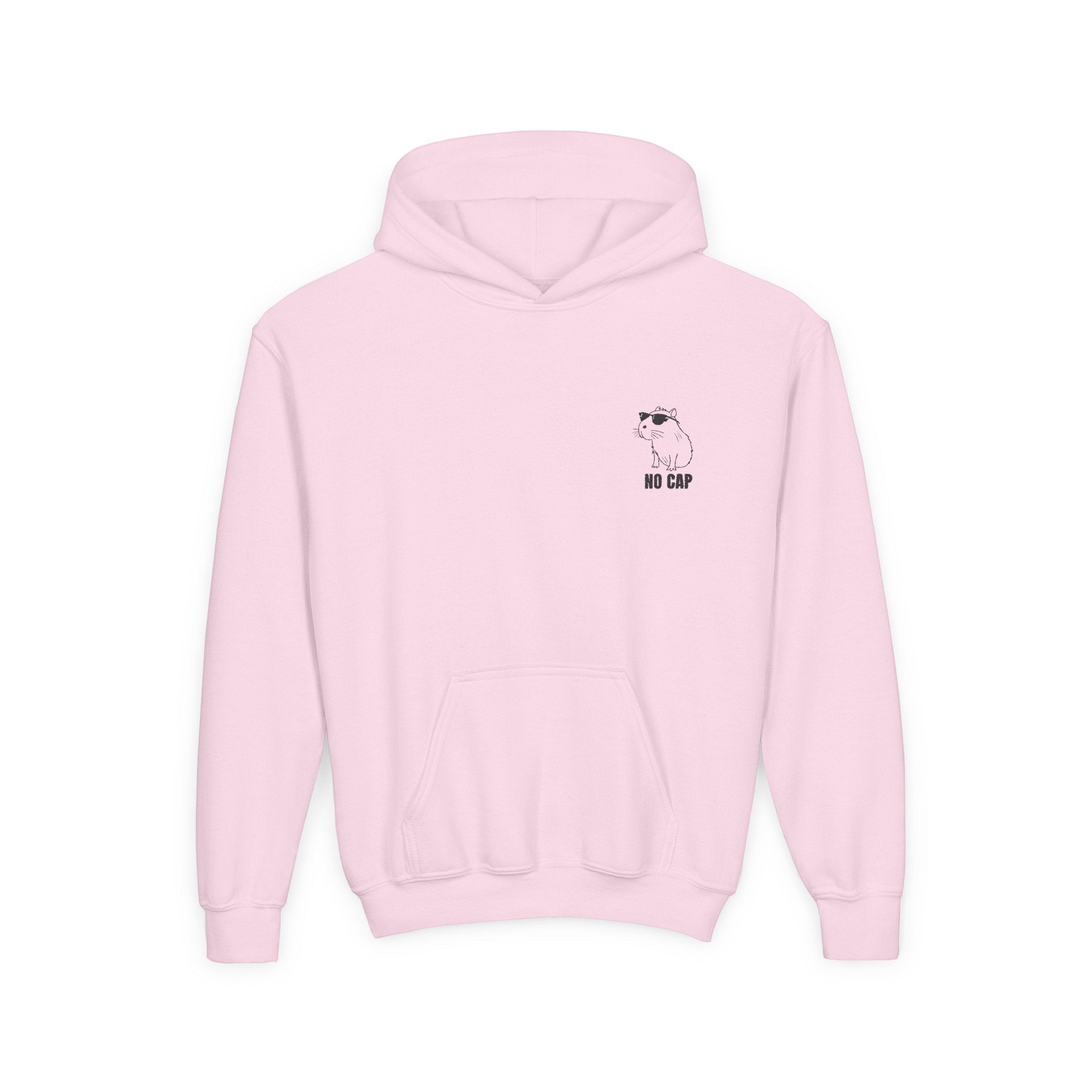 Capy Life light pink kids hoodie featuring a small embroidered capybara wearing sunglasses with No Cap text on the chest