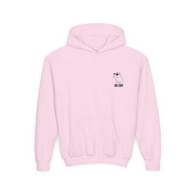 Capy Life light pink kids hoodie featuring a small embroidered capybara wearing sunglasses with No Cap text on the chest