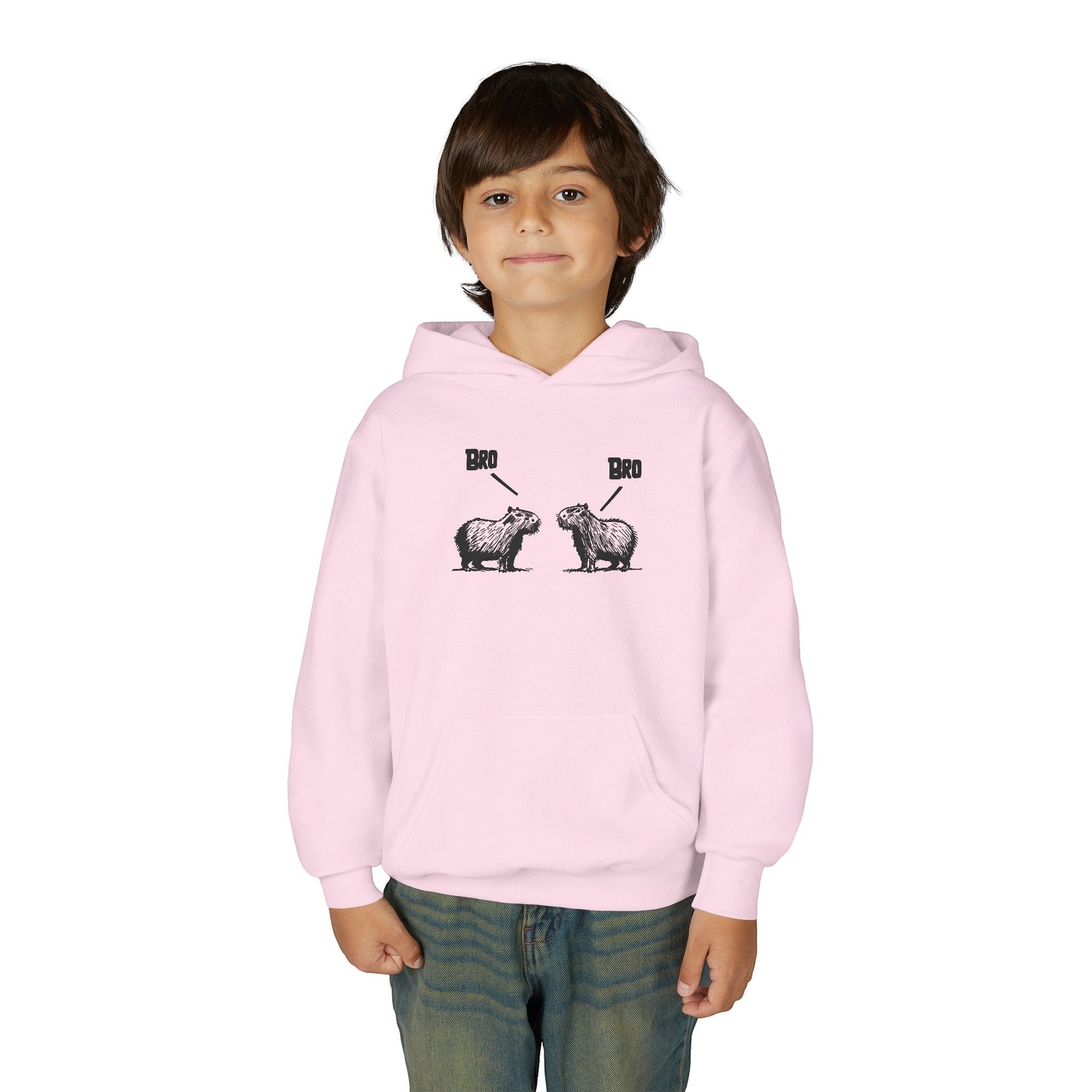 Capy Life kids light pink pullover hoodie featuring a funny graphic of two capybaras saying Bro to each other.